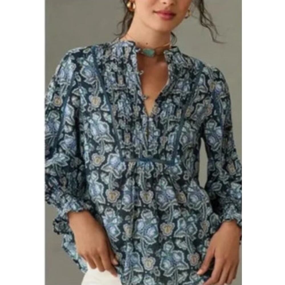 Anthropologie Floral Cotton Peasant Blouse Small Blue/Green